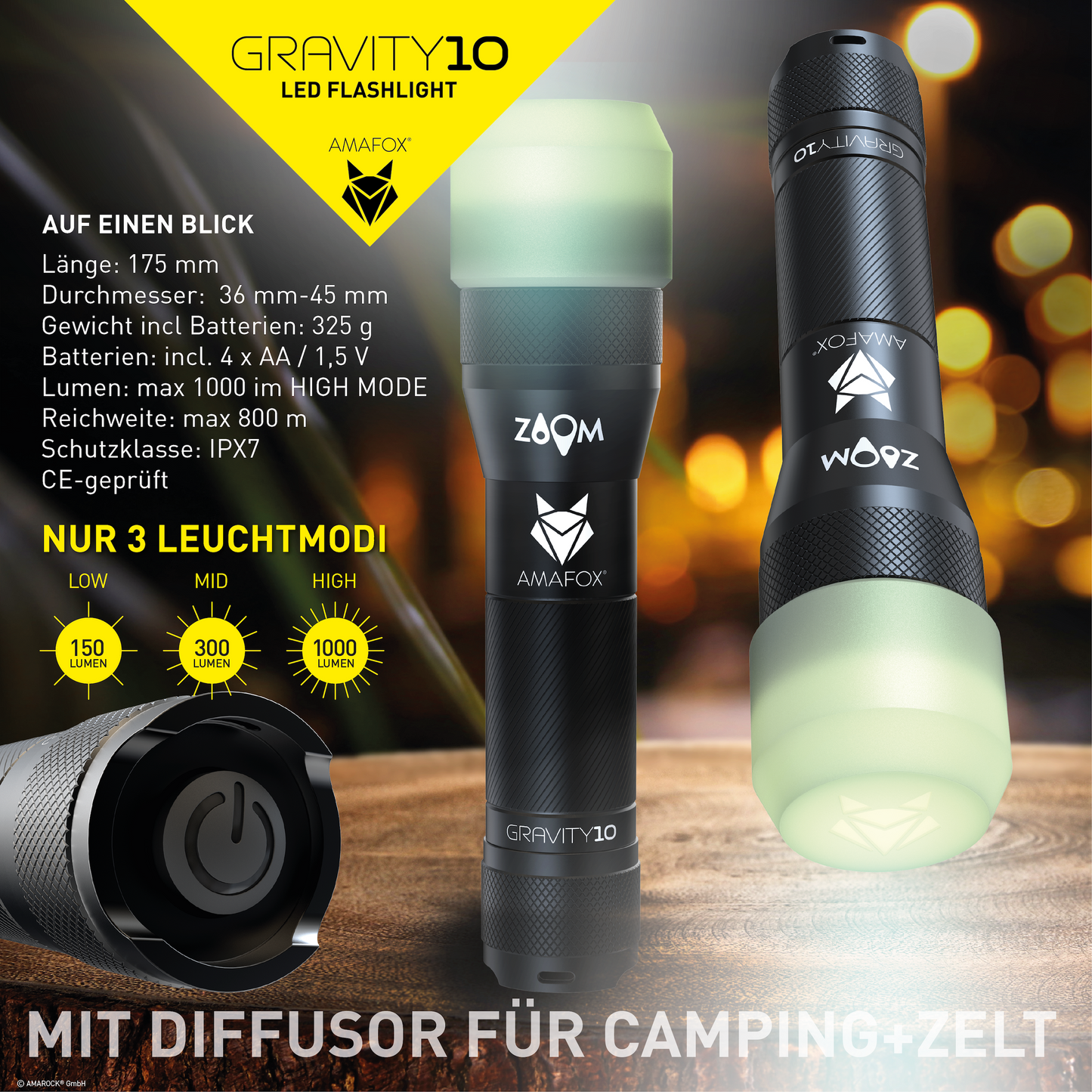 AMAFOX G10 / Taschenlampe mit Batterien / 1000 Lumen