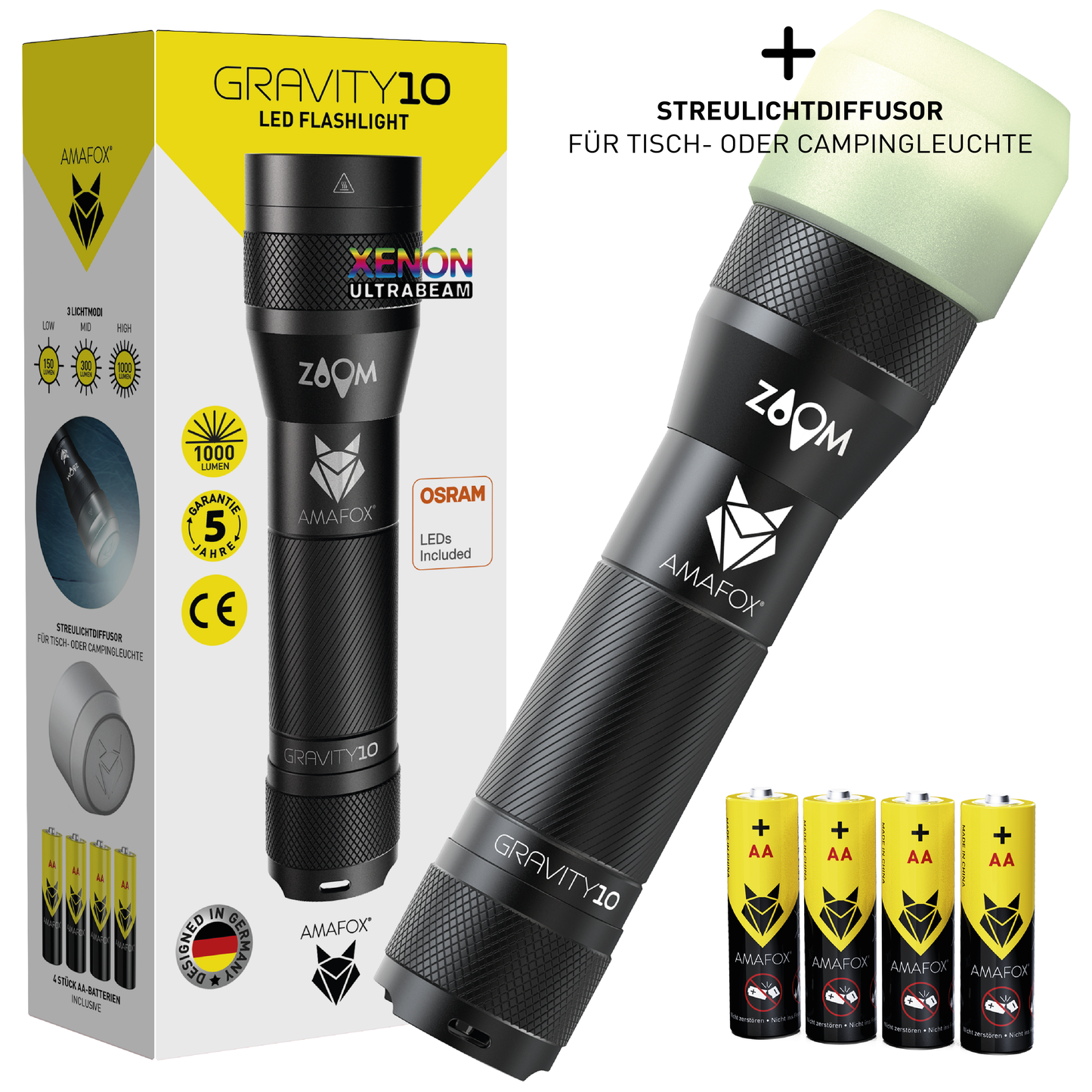 AMAFOX G10 / Taschenlampe mit Batterien / 1000 Lumen