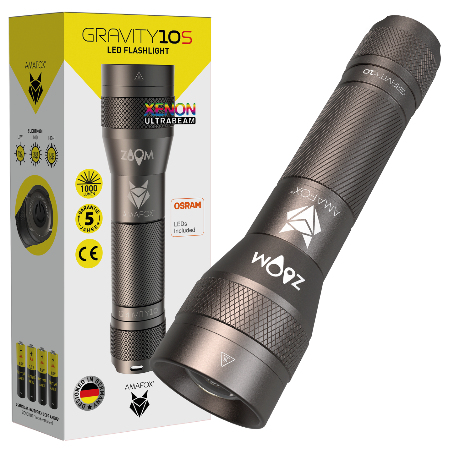AMAFOX G10S / Taschenlampe ohne Batterien / 1000 Lumen