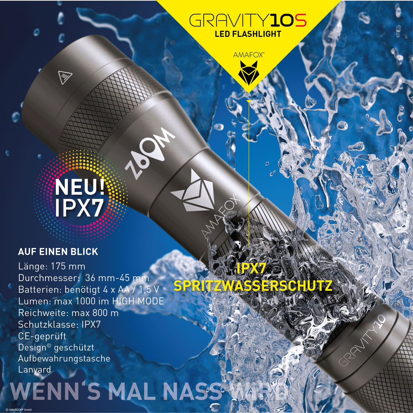 AMAFOX G10S / Taschenlampe ohne Batterien / 1000 Lumen