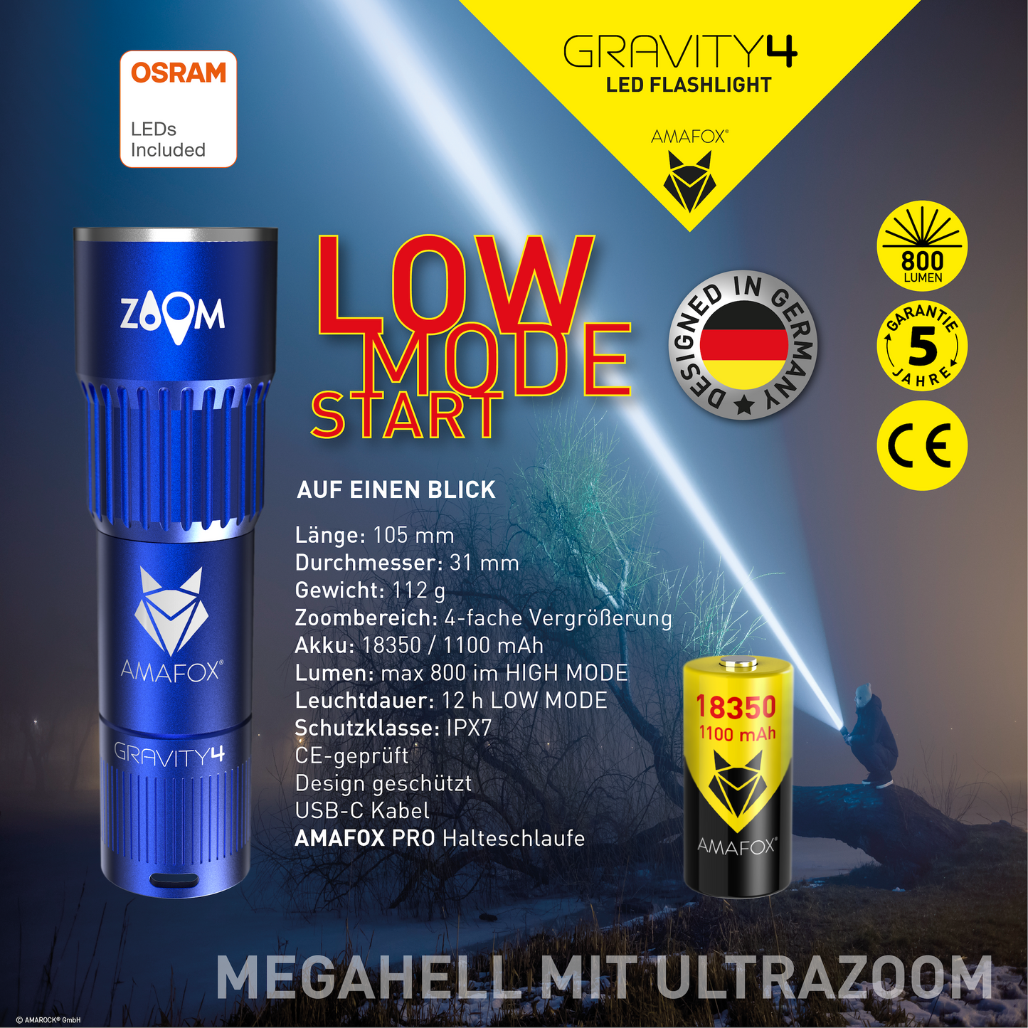 AMAFOX G4 / Taschenlampe mit Akku / 800 Lumen