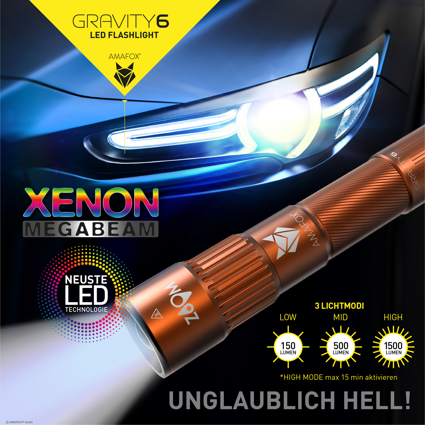 AMAFOX G6 / Taschenlampe mit Akku / 1500 Lumen