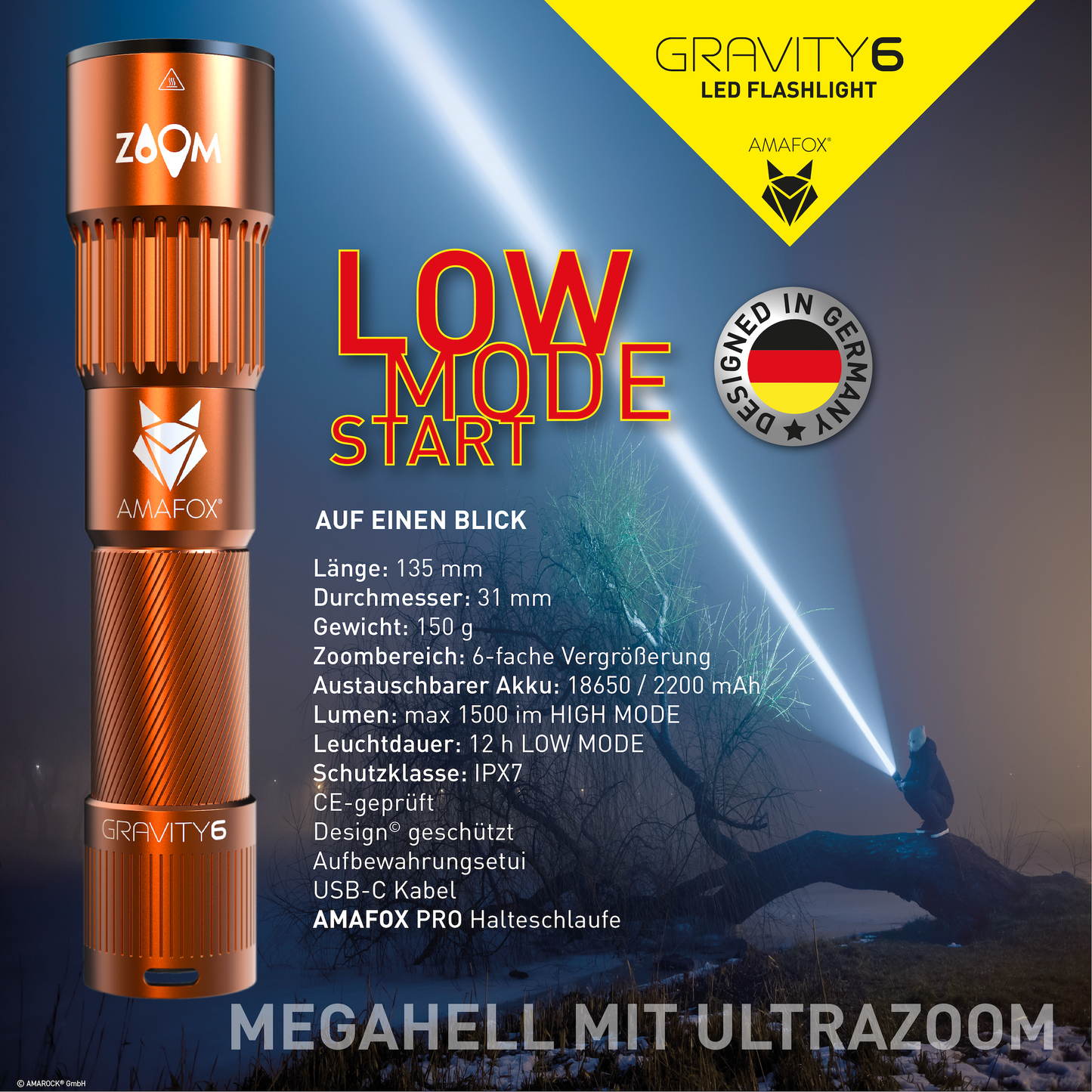 AMAFOX G6 / Taschenlampe mit Akku / 1500 Lumen