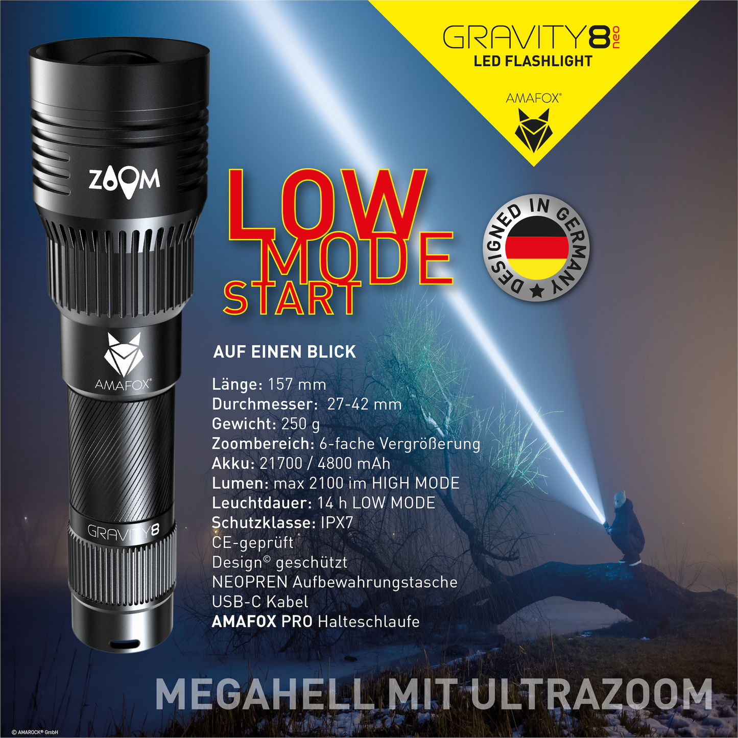 AMAFOX G8-NEO / Taschenlampe mit Akku / 2100 Lumen