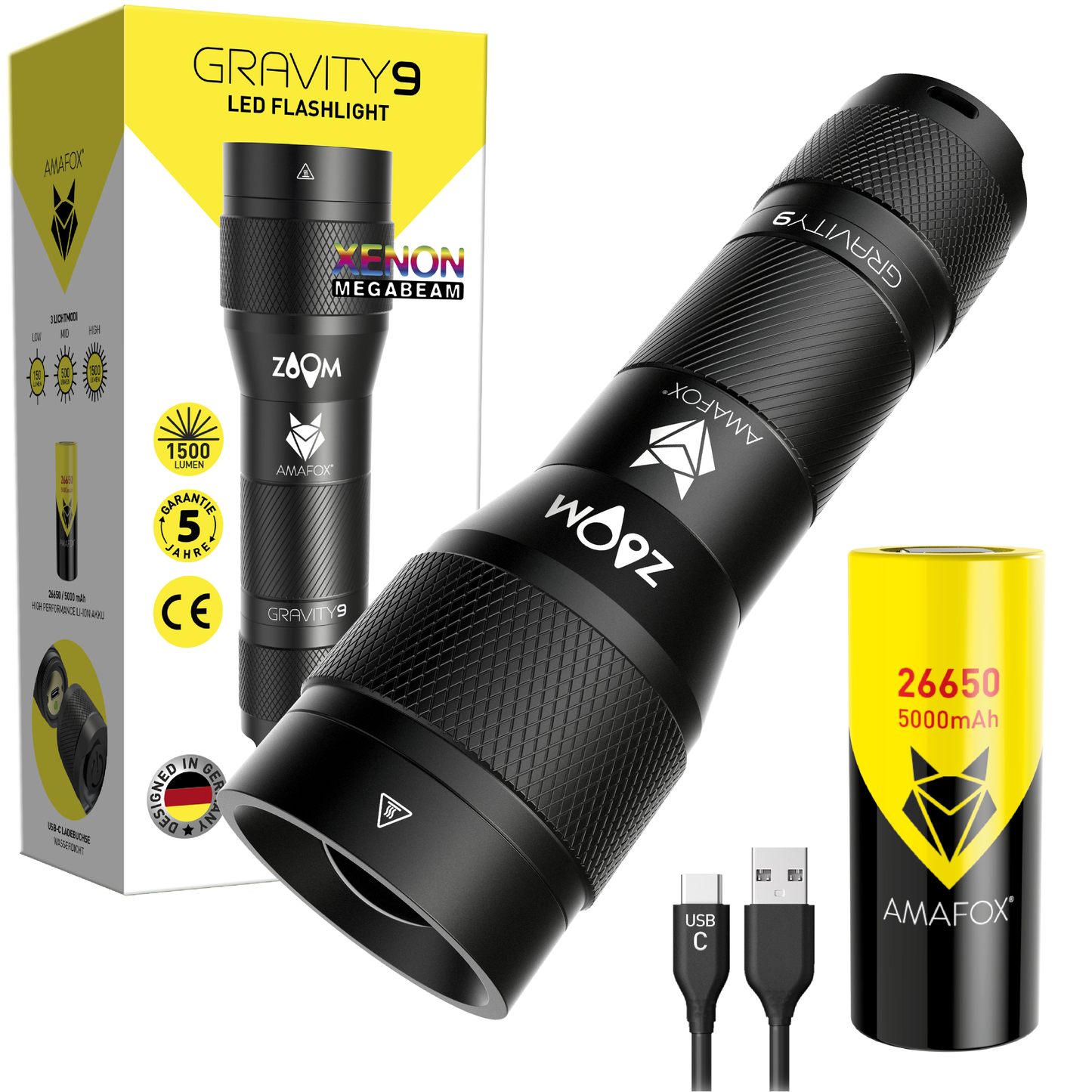 AMAFOX G9 / Taschenlampe mit Akku / 1500 Lumen