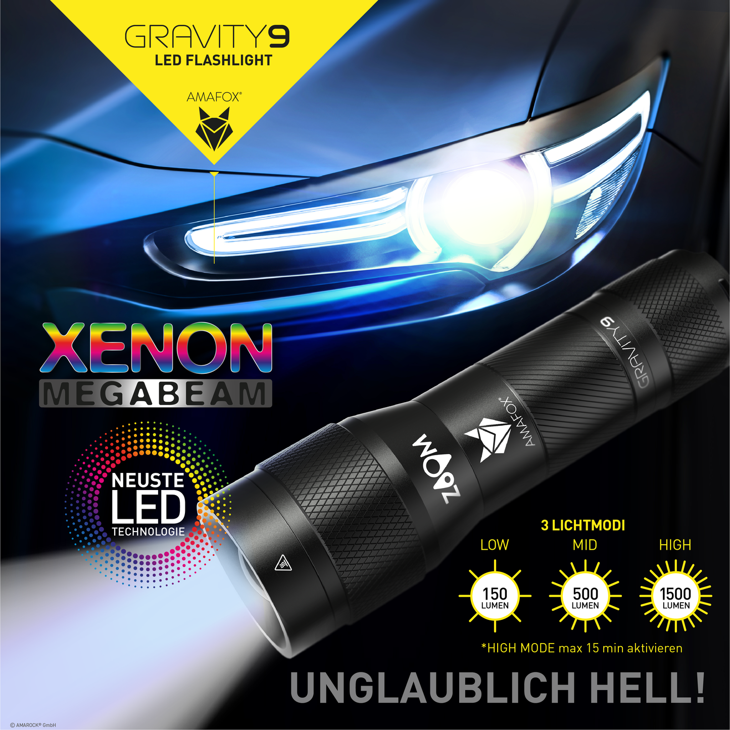 AMAFOX G9 / Taschenlampe mit Akku / 1500 Lumen