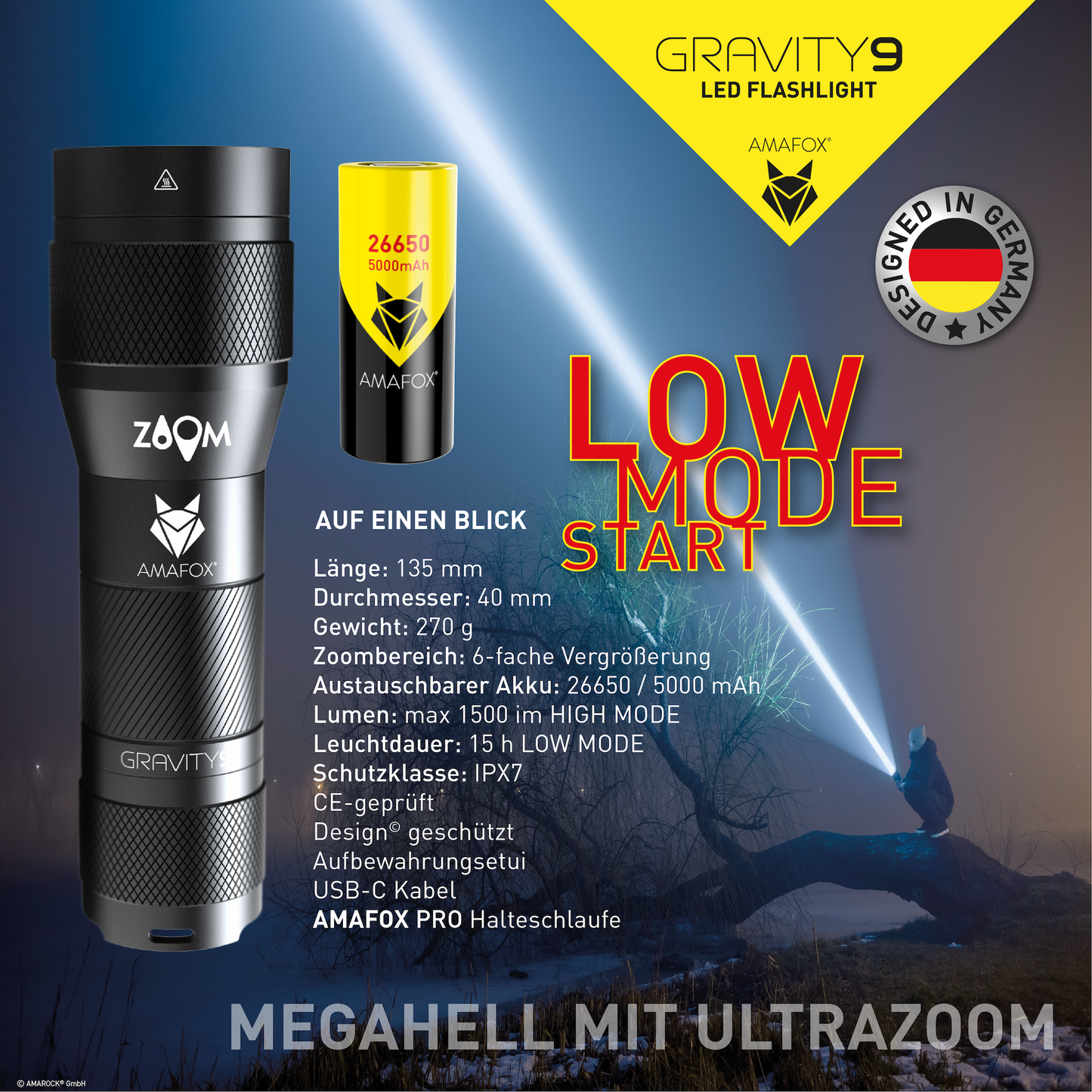 AMAFOX G9 / Taschenlampe mit Akku / 1500 Lumen